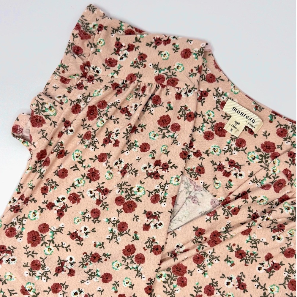 Monteau Los Angeles Peach Pink Floral Wrap Peplum Top Flutter Sleeve Small